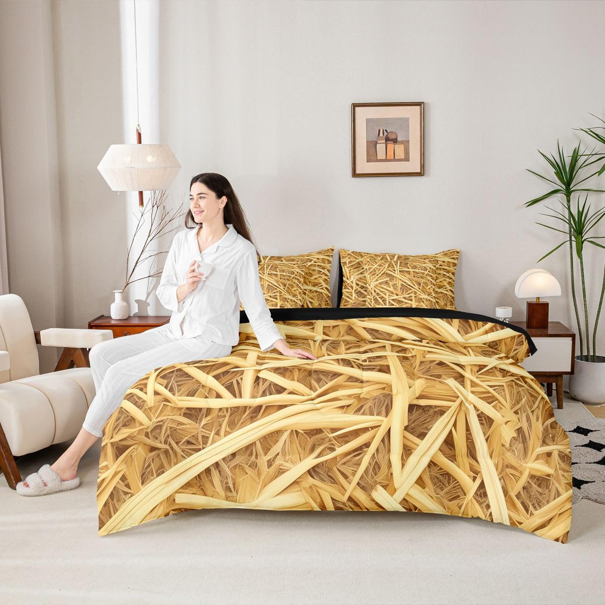 Erosebridal Straw 7 Piece Bedding Set Queen Western Farmhouse Comforter Set with Sheets Cowboy Theme Bed in A Bag Haystack Bed Sets with 2 Pillowcases, 2 Throw Pillow Covers
