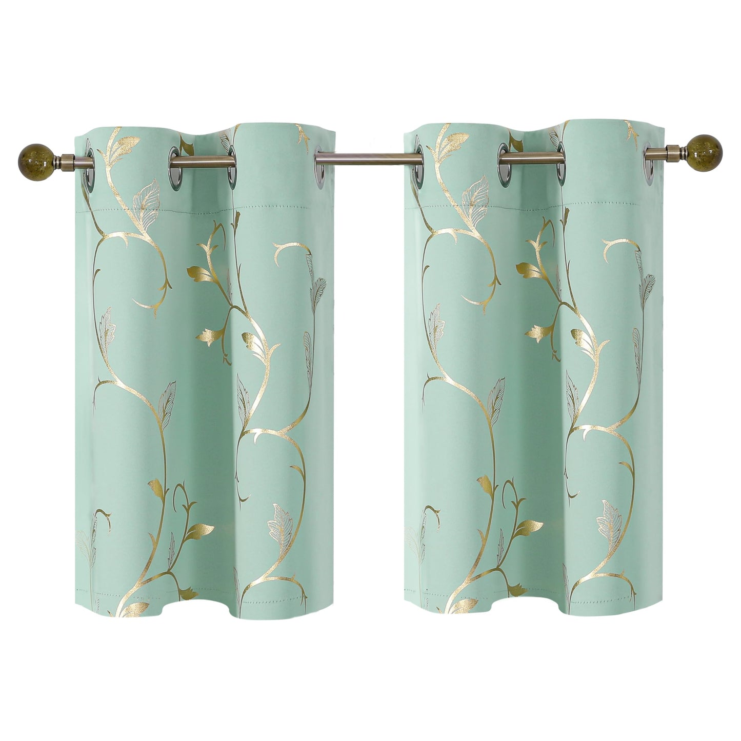 BUHUA Blackout Small Window Curtains for Kitchen and Bedroom Gold Foil Print Flower Grommet Short Thermal Insulated Room Darkening Curtains, Aqua, 26Wx36L, 2 Panels