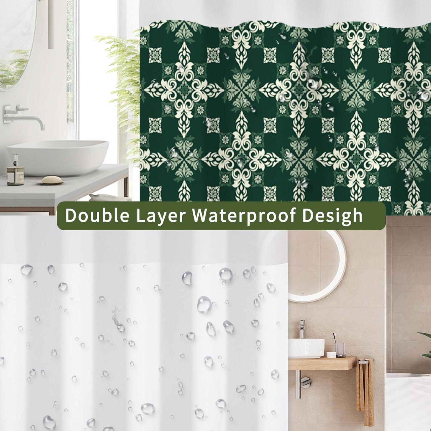 NAEMBCU Green Damask No Hook Shower Curtain with Snap in Liner Set 71x74in