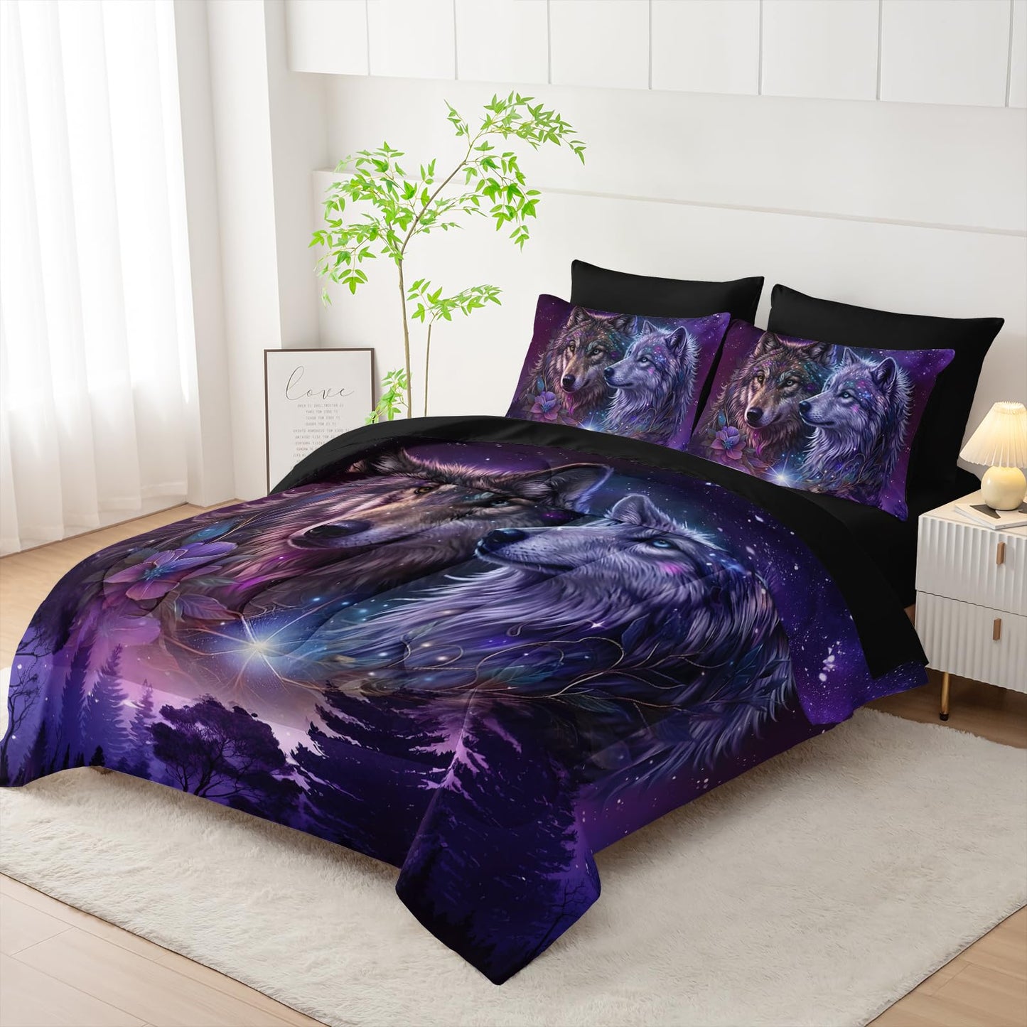 AILONEN Wolf Comforter Bedding Set Full Size,Purple Starry Night Galaxy Bed in a Bag,7Pcs Soft Microfiber Black Comforter,Fitted Sheet,Flat Sheet,2 Pillowcases,2 Pillow Shams