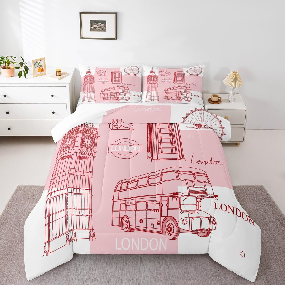 London Kids Comforter Set Queen Size,Telephone Booth Big Ben Bus Hand Painted Bedding Set,Boys Girls Adults Room Decor,Famous Urban Architecture Down Comforter,Romantic Duvet Insert,2 Pillowcases