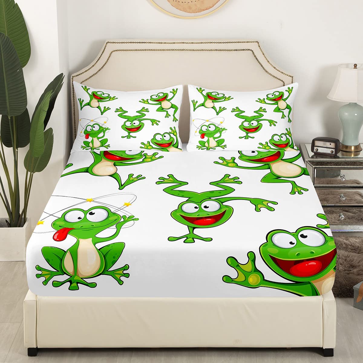 Feelyou Kawaii Decor Frog Bed Sheets Set Boys Cartoon Animal Theme Sheet Set for Kids Teens Ultra Soft Nature Sheets with Deep Pocket Fitted Sheet Funny Cartoon Frog Bedding Set Room Decor Full Size