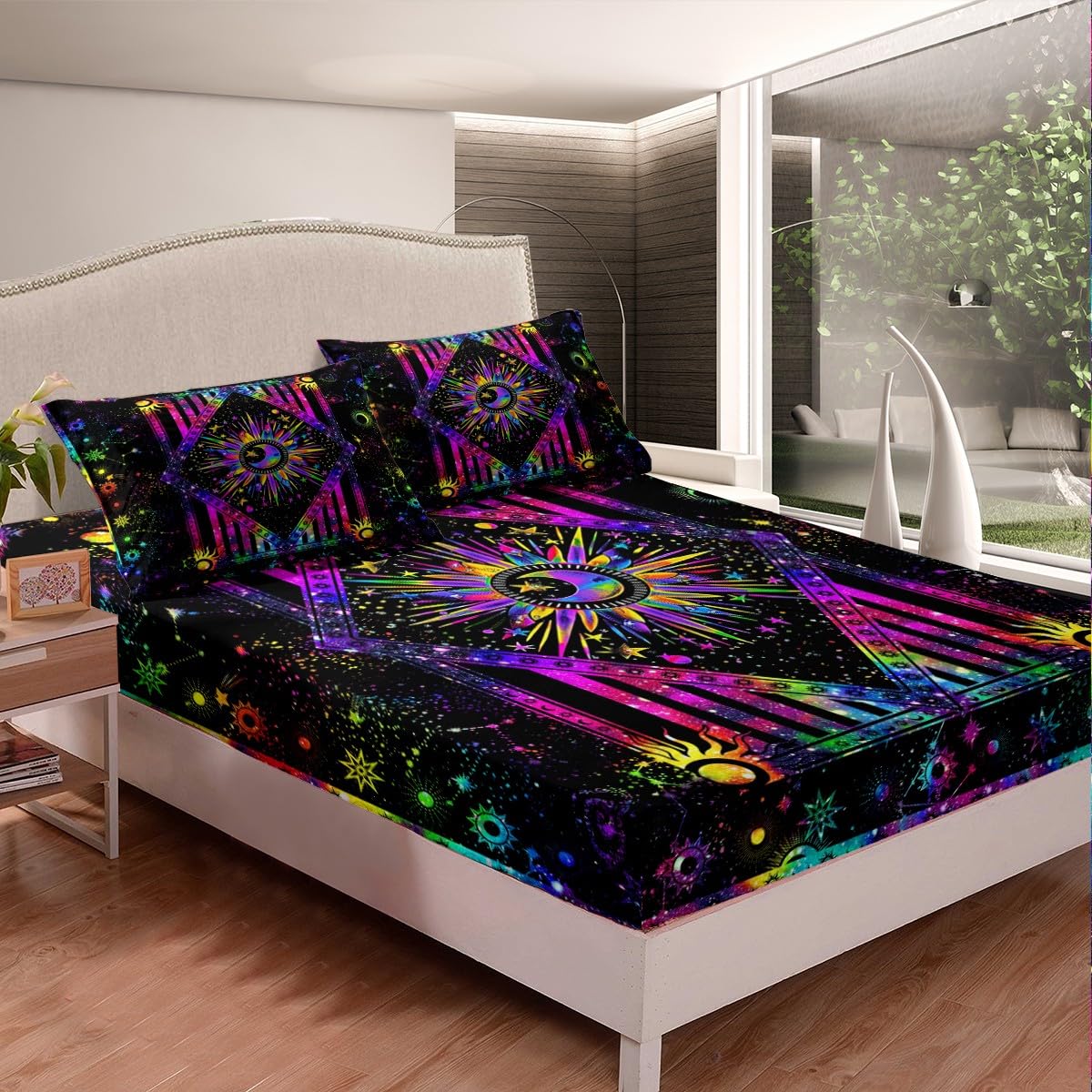 Sun and Moon Sheet Set, Rainbow Tie Dye Bed Sheets Psychedelic Hippie Trippy Galaxy Bedding Aesthetic Celestial Astrology Flat Sheet Cosmic Constellation Zodiac Fitted Sheet, Black Bedroom Decor 4Pcs
