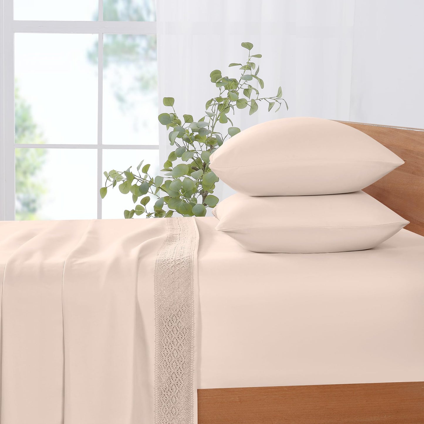 Modern Threads 4 Piece Microfiber Sheet Set – Soft Cooling Bed Sheets with Crochet Lace – Deep Pocket, Wrinkle Free, Breathable, Hotel Luxury Bedding, Blush Pink, Queen