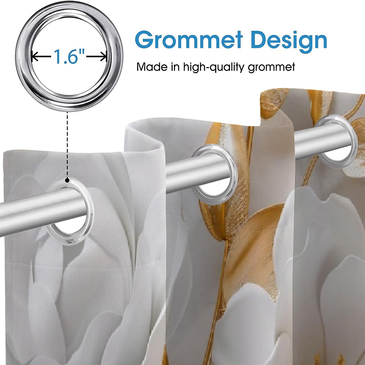 White Elegant Flowers Blackout Curtains, Golden Bright Leaves 3D Print Drapes Set of 2 Panels, Grommet Thermal Insulated Darkening Window Drapes for Living Room Bedroom(84" W x 84 "L)
