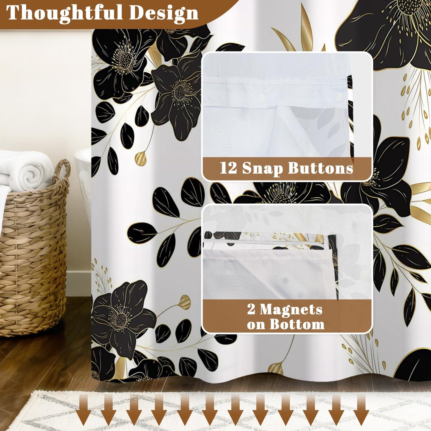 Xiazhilaio No Hook Black & Gold Floral Shower Curtain with Snap in Liner - 71″W x 74″L Waterproof Fabric with Mesh Top Window, Dark Flower Printed Bath Tub Curtain for Modern Luxury Bathroom Decor