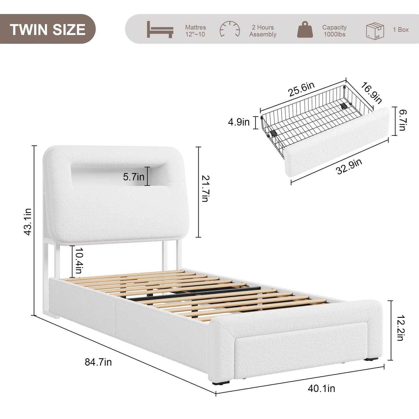 VINTLJUS Twin LED Bed Frame with Storage Headboard & Charging Station, Kids Bed Frames with Bookcase, Teddy Fleece Upholstered Platform Bed Frames with 1 Storage Drawer, No Box Spring Needed, Beige