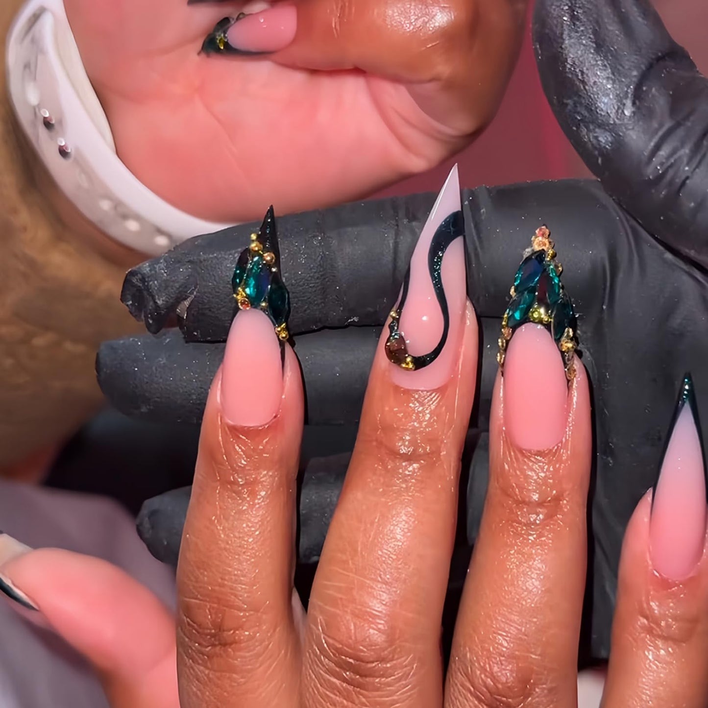 Long Press on Nails Stiletto Fake Nails French False Nails Pink Artificial Nails with Green Rhinestones Designs Sparkly Acrylic Nails Press ons Cute Stick on Nails for Women 24pcs