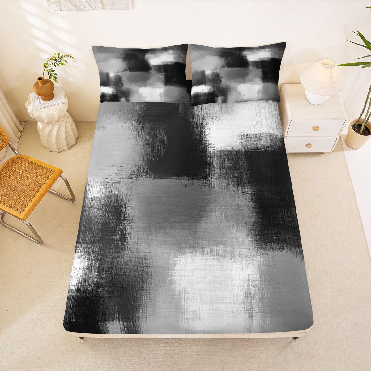 Feelyou Abstract Fitted Sheet with 2 Pillowcases Queen Size Modern Abstract Bed Sheets Set 16" Deep Pocket Boys Girls Geometric Artistic Smear Bedding Teens Bedroom Decor Breathable Soft