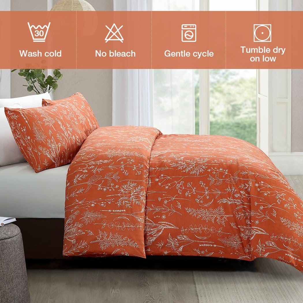 Lekesky Floral Duvet Cover Queen Size, Burnt Orange Queen Duvet Cover Plant Flowers Pattern Bedding Set for All Season, Soft Breathable Duvet Cover with Zipper Closure & Corner Ties