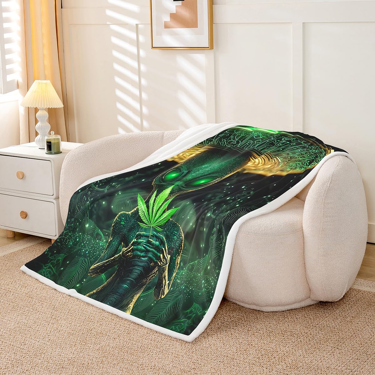 Erosebridal Alien Blanket Queen 90x90, Abstract Spaceship Soft Throw Blanket for Sofa Bed, Green Botanical Sherpa Blanket for Kids Boys Teens, Psychedelic UFO Cozy Fleece Blanket