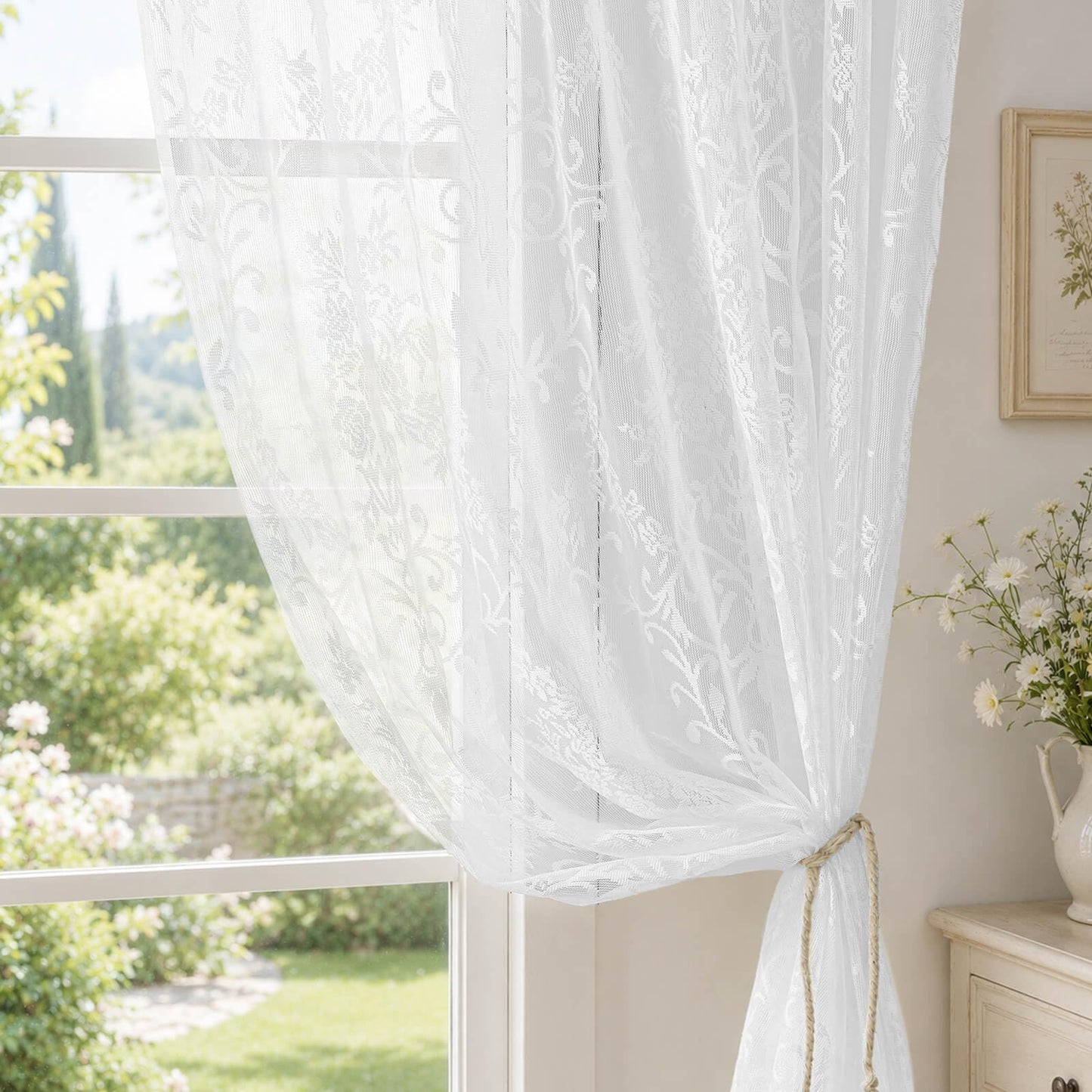 WUBODTI 84 Inch White Lace Curtains with Valances Attached 2 Panels, Floral Embroidered Semi Sheer Window Curtain Lace Tulle Rod Pocket Window Drapes with Valance for Living Room Bedroom Balcony