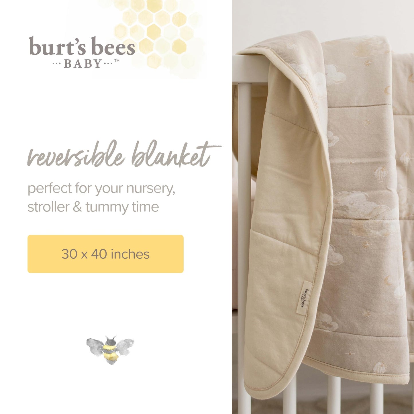 Burt's Bees Baby Infant Reversible Blanket, 100% Organic Cotton Nursery Blanket, Breathable Nursery Bedding, 30" W x 40" L
