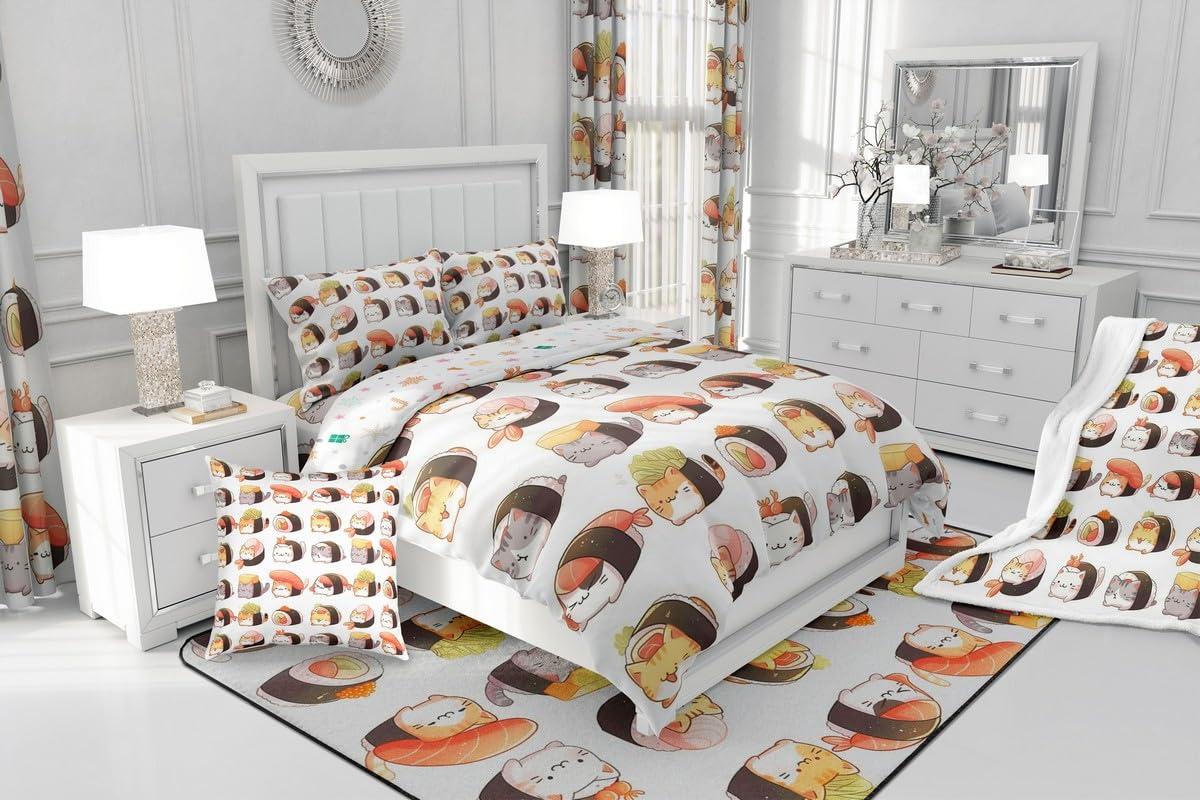 Erosebridal Kids Sushi Comforter Set Queen,Cute Sushi Cat Bedding Set Kawaii Gifts for Girls Teens Women,Japanese Food Quilt Bed Set Anime Style Bedding Comforter Sets with 2 Pillowcases Room Decor