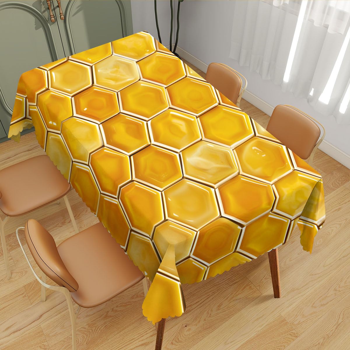 XYJFZL Beehive Tablecloth Yellow Gold Honeycomb Grid Art Bee Rectangle Tablecloth Picnic Table Cover BBQ Table Cloths Polyester for Kitchen Coffee 52 x 70 Inch 4-6 Seats