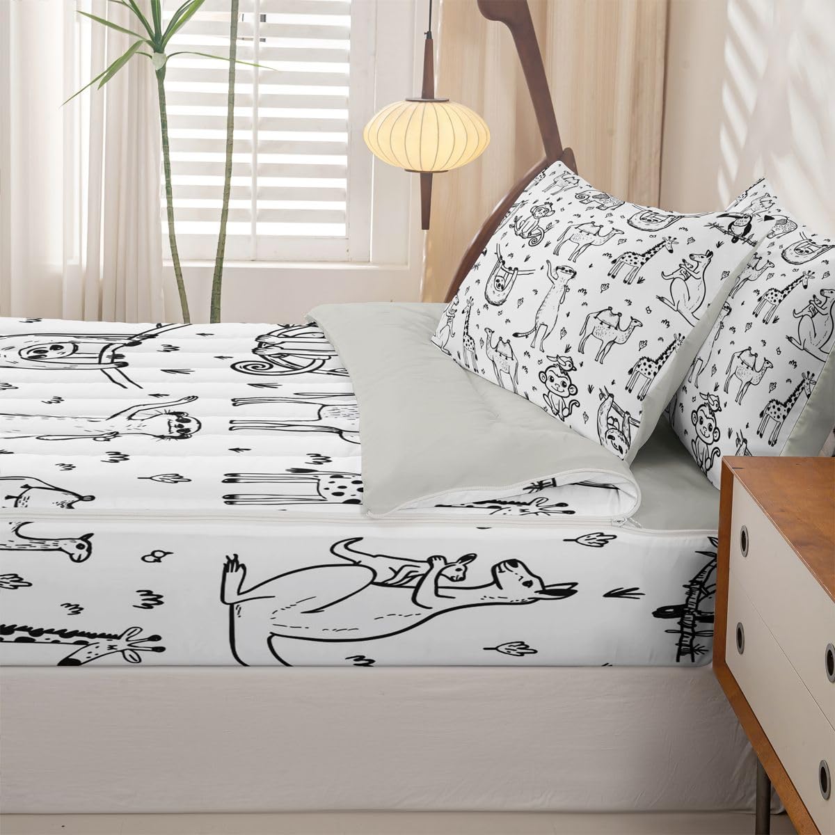 Erosebridal Cartoon Animals Zippered Bedding Set Twin Sketch Style Sloth Monkey Wildlife Comforter Set Cute Zoo Animals Bed in a Bag Giraffe Wildlife Zipper Quilt Fitted Sheet,2 Pillowcases