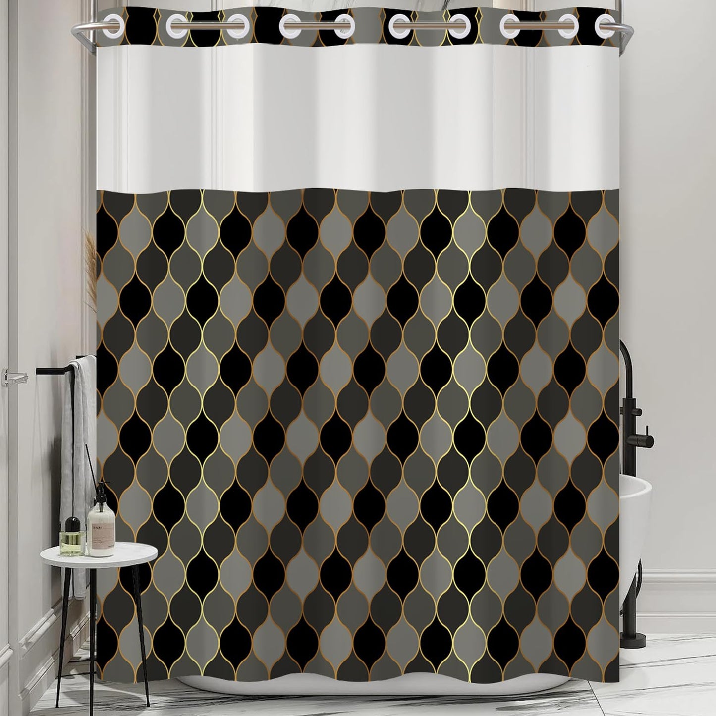 NAEMBCU No Hook Geometric Shower Curtain and Liner Set 71 x 74 Inches