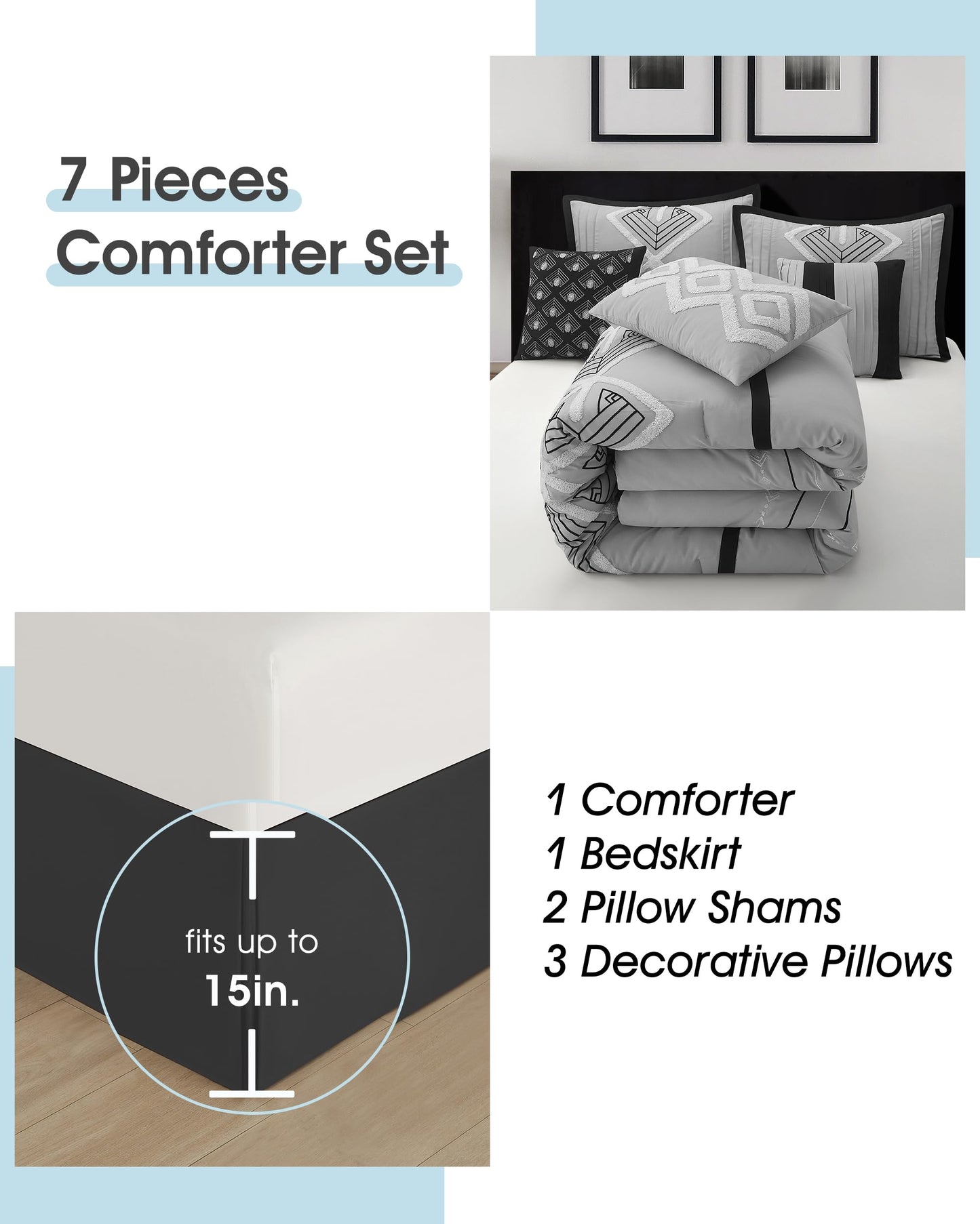 LANCO MODERN LIFESTYLE Grey Queen Comforter Set, Soft Lightweight Bedding Set for All Seasons, 7 Pieces, Comforter, Bedskirt, 2 Pillow Shams and 3 Decorative Pillows