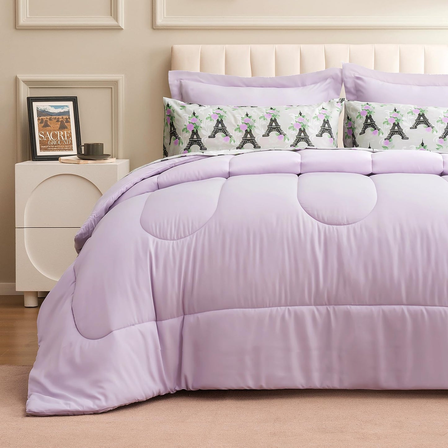ARTALL Twin Bed in a Bag 5 Pieces, Light Purple Solid Comforter with Eiffel Tower Floral Sheet Set, French Chic Style Soft Bedding Sets with Comforter, Sheets, Pillowcase & Sham for All Seasons