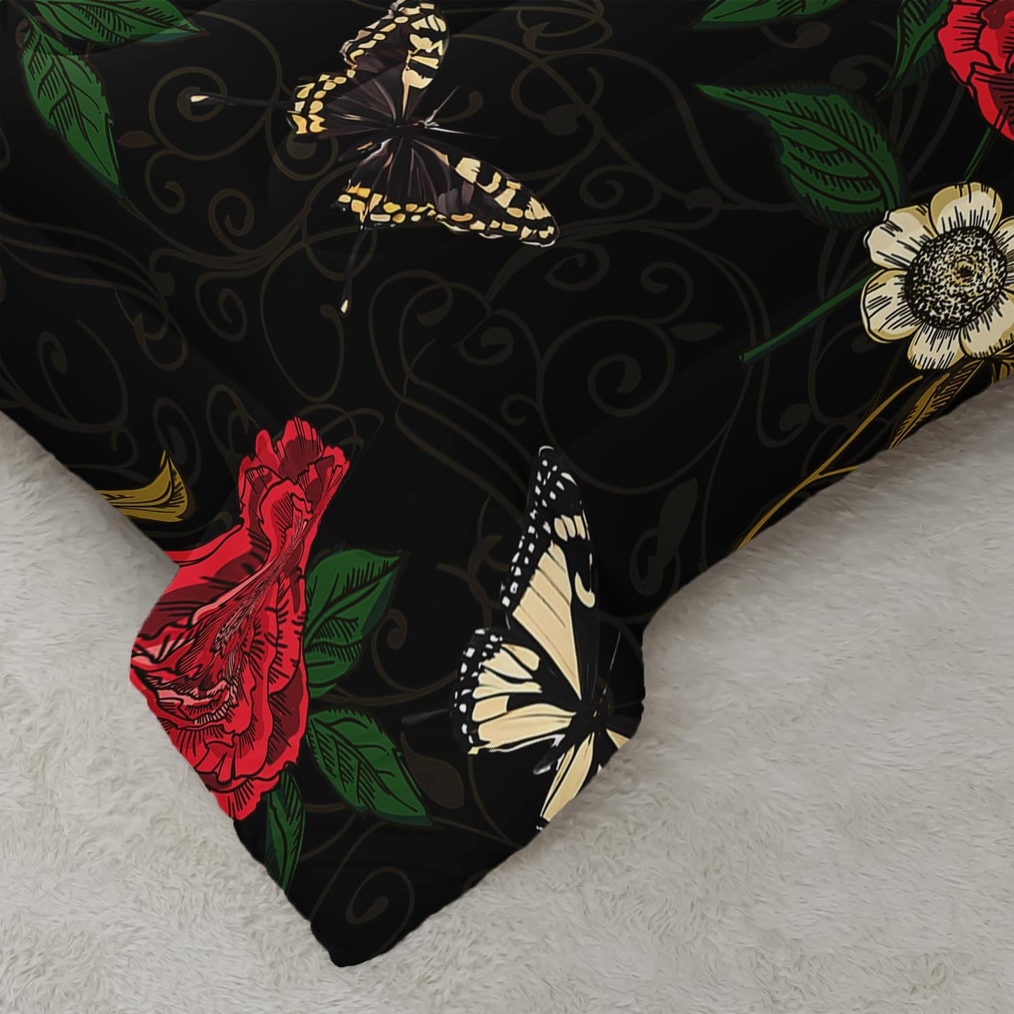 Nttopship Red Rose Comforter Set Butterfly Bedding Set Twin Size for Women Girls Bedroom Decor(1 Comforter + 2 Pillow Cases)