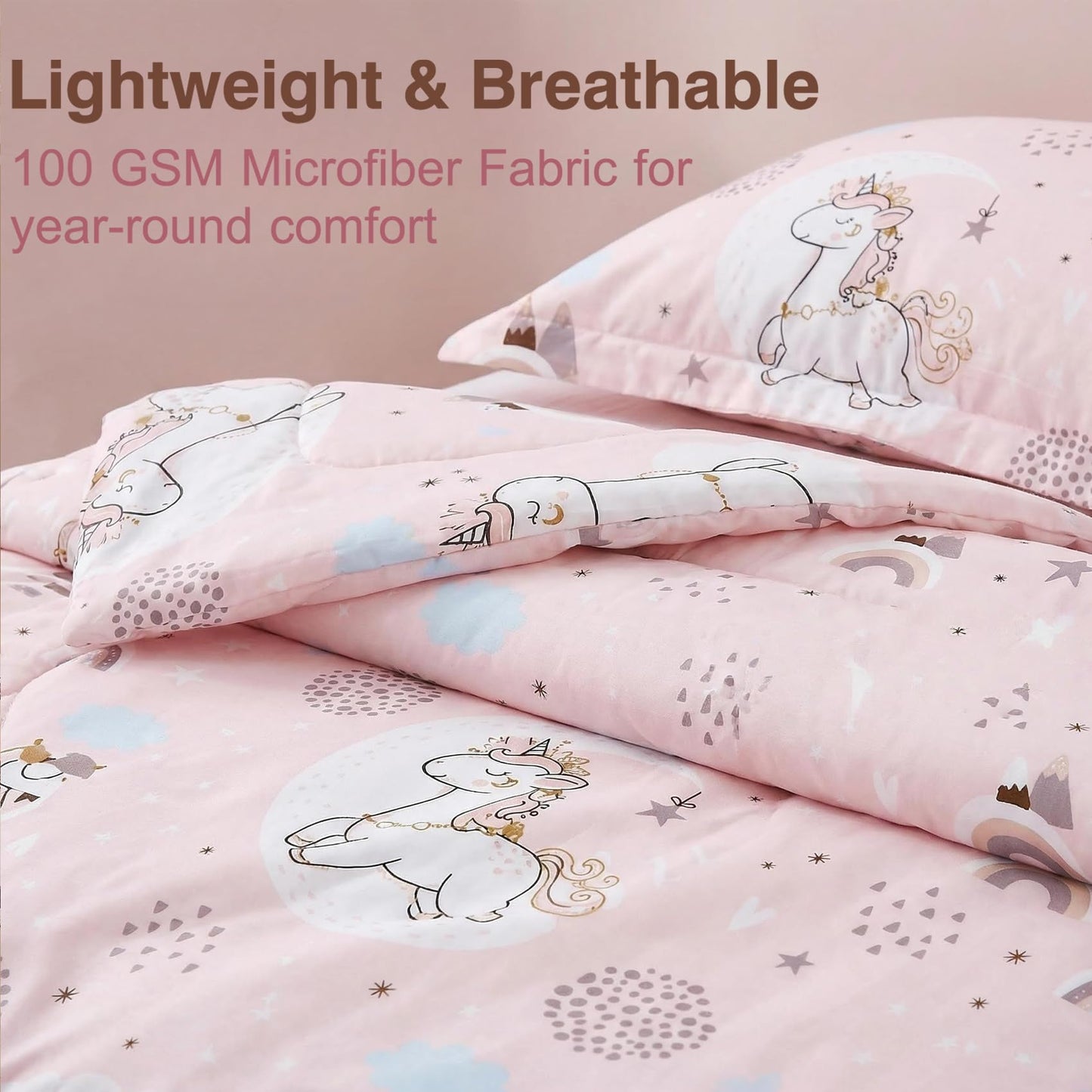 JSD Pink Unicorn Kids Comforter Set Full Size, 3 Piece Girls Rainbow Microfiber Comforter with Pillow Shams, Lightweight All Season Washable