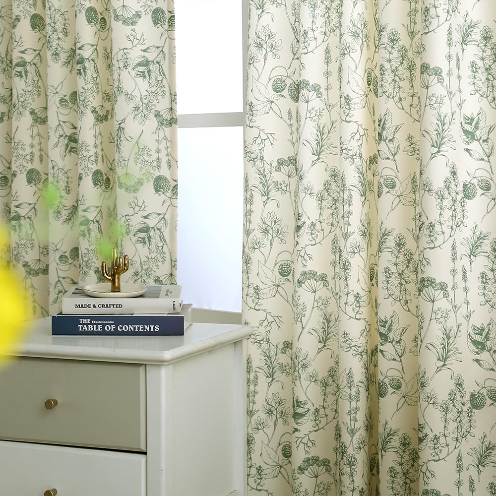 Autum Dream Blackout Curtains 2 Panels Chenille Curtains Drapes for Bedroom Back Tab Rod Pocket Poppy Floral Farmhouse Curtains for Living Room, Patio Doors,Green Floral, 52" W x 96" L