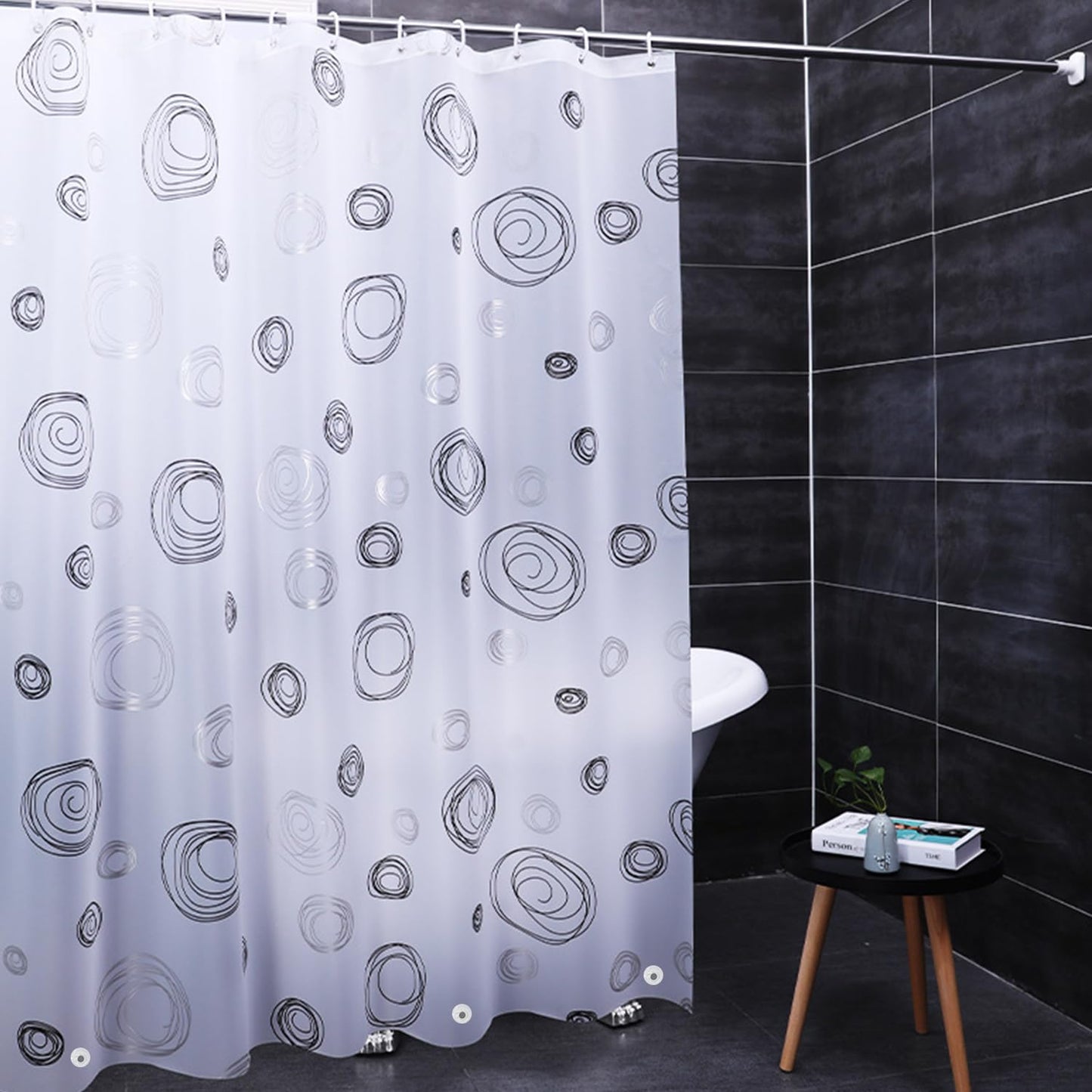 Myratts Plastic Shower Liner - Premium EVA 6G Thickened Shower Curtain Liner with Rustproof Grommets and 3 Weighted Magnets, Waterproof Shower Curtain for Bathroom(Black Circle)