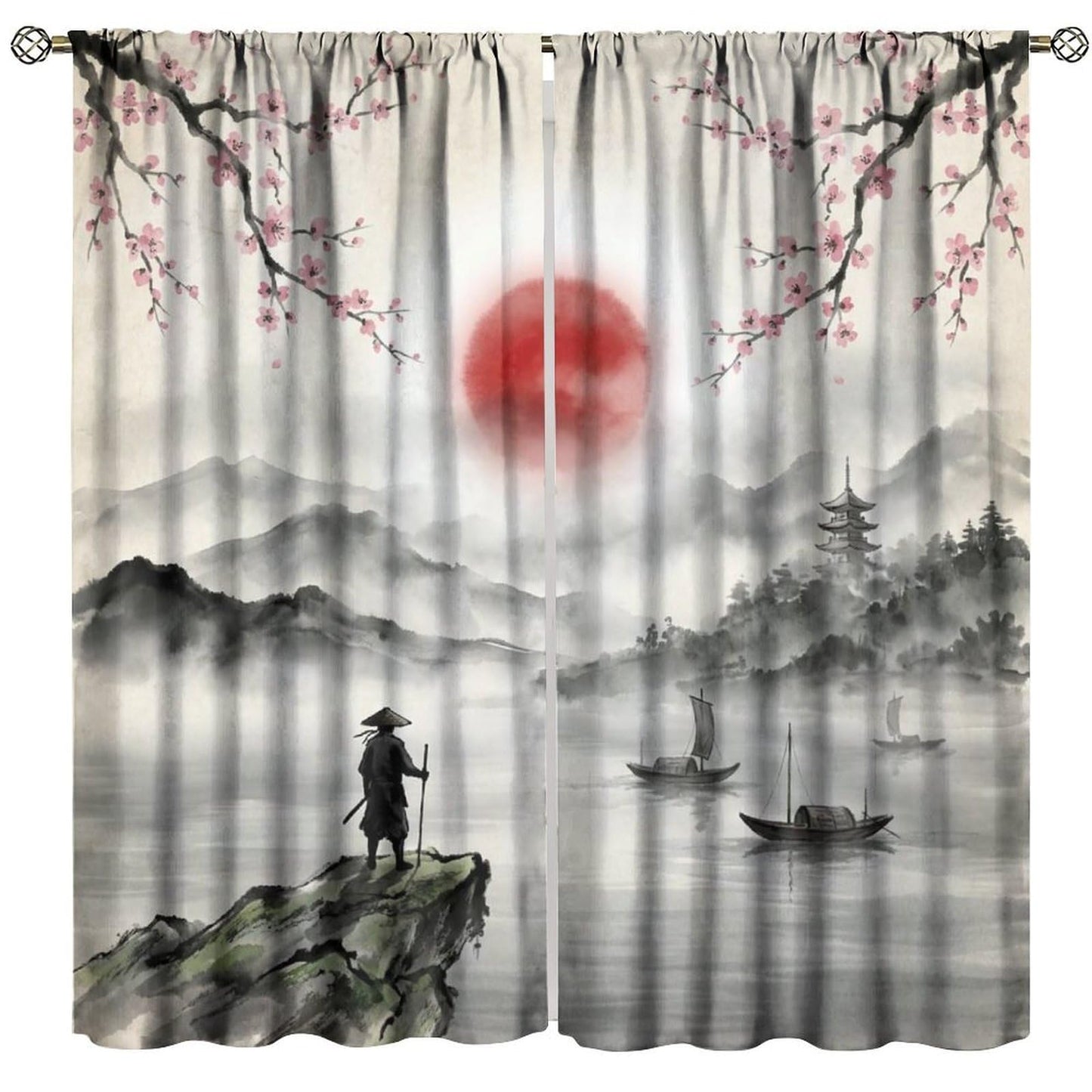 Nsbul Japanese Samurai Curtains, Ink Wash Cherry Blossom Misty Mountain Pagoda Lake Boat Oriental Window Drapes for Bedroom Living Room Home Decor, 42" W X 45" L（No Blackout