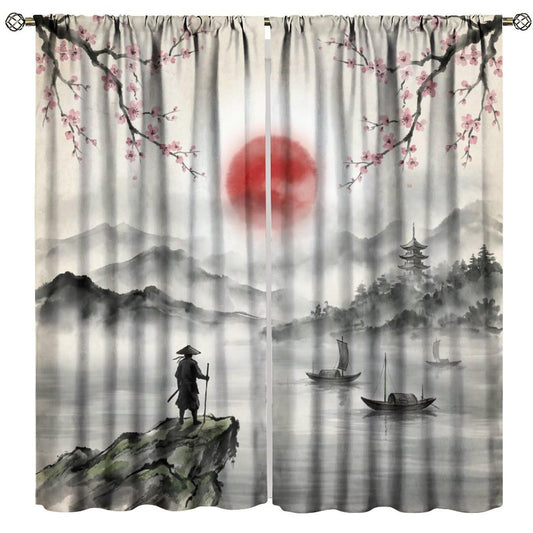 Nsbul Japanese Samurai Curtains, Ink Wash Cherry Blossom Misty Mountain Pagoda Lake Boat Oriental Window Drapes for Bedroom Living Room Home Decor, 42" W X 45" L（No Blackout