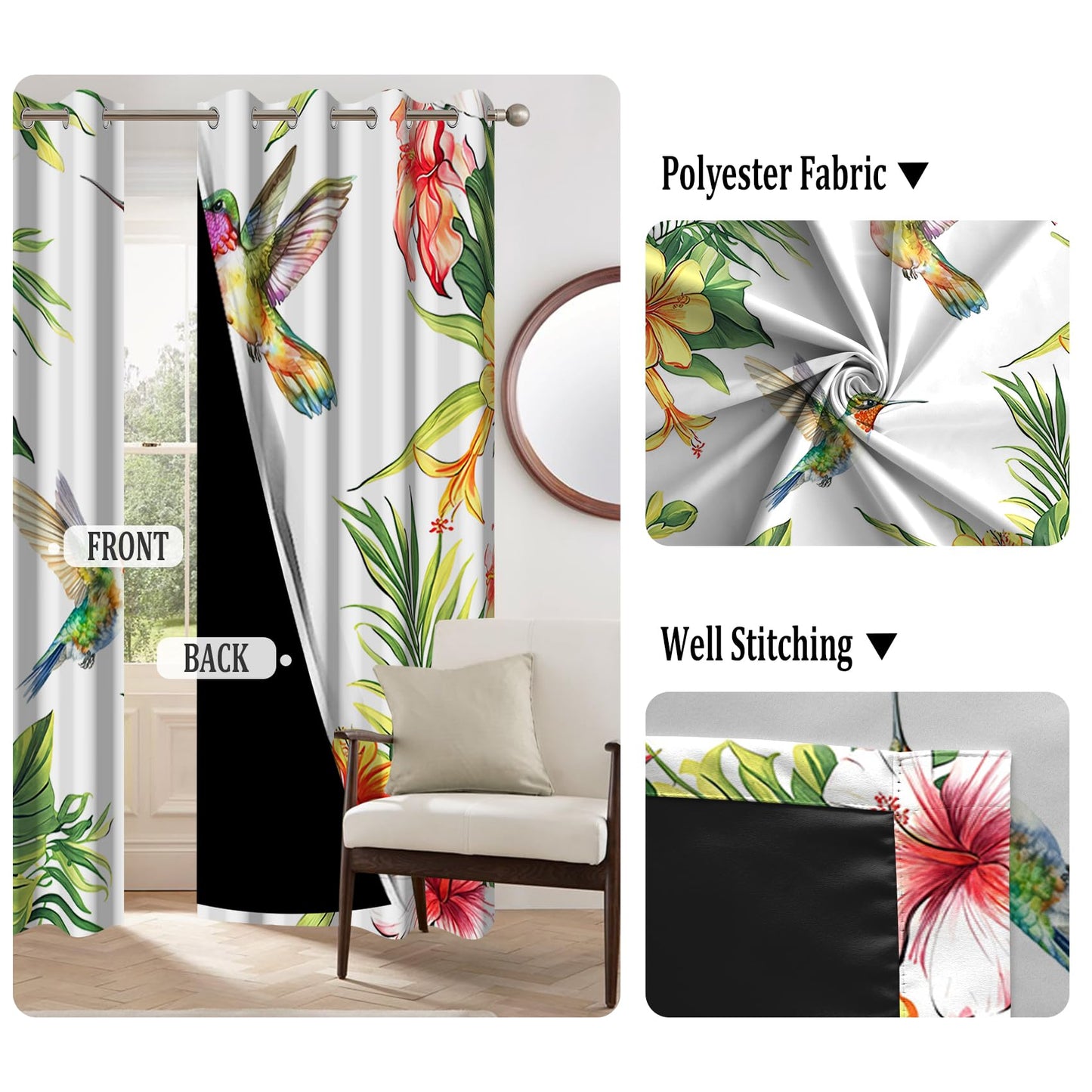 Renaiss Hummingbird Floral Blackout Curtains for Bedroom Watercolor Tropical Leaf Flower Bird Window Curtain Natural Plants Thermal Insulated Grommet Drapes for Living Room 2 Panels Set, 42x84 Inch