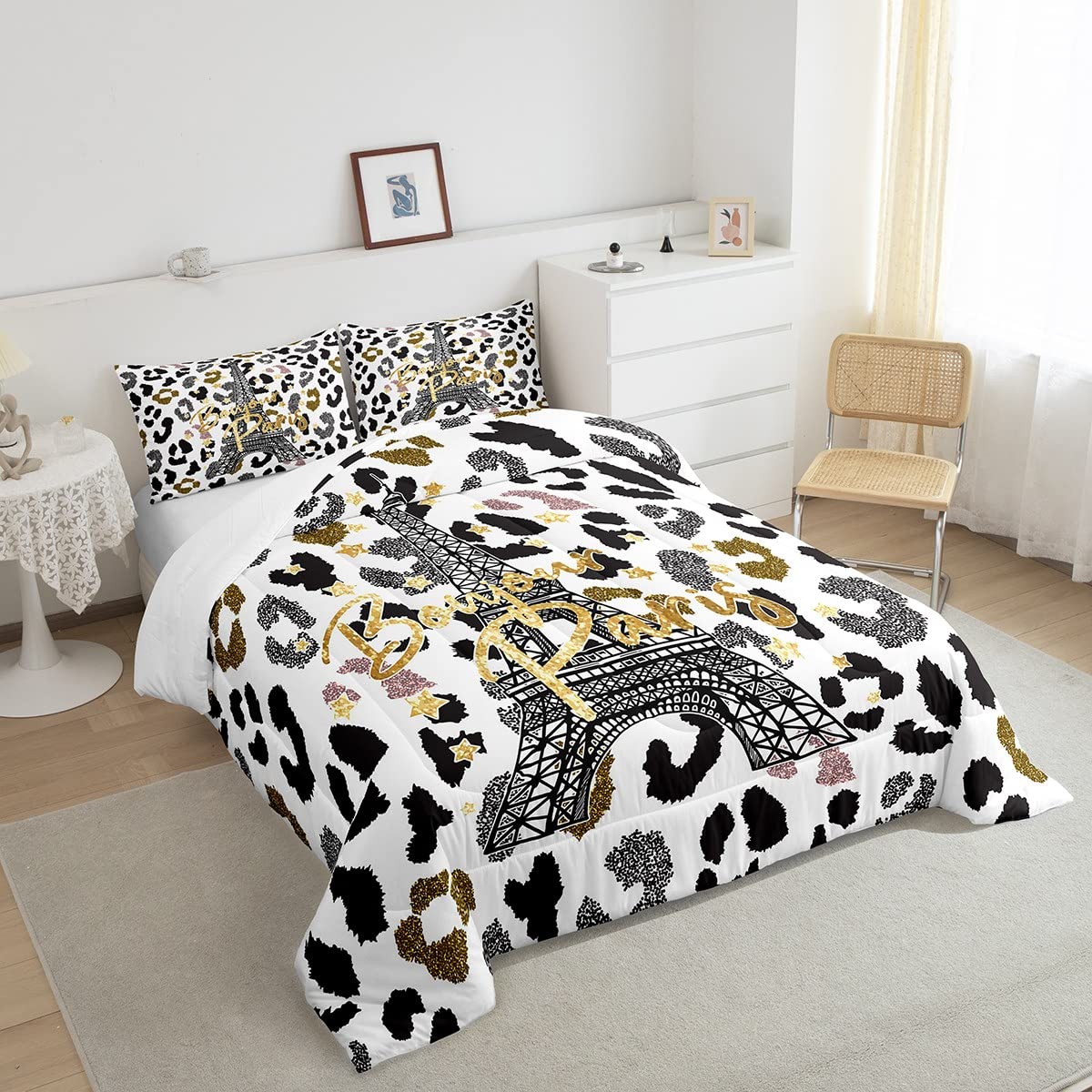 Feelyou Eiffel Tower Comforter Set Leopard Print Bedding Set for Kids Boys Girls Paris Tower Comforter Cheetah Print Quilt Set 1 Comforter Set with 2 Pillowcases Full Size
