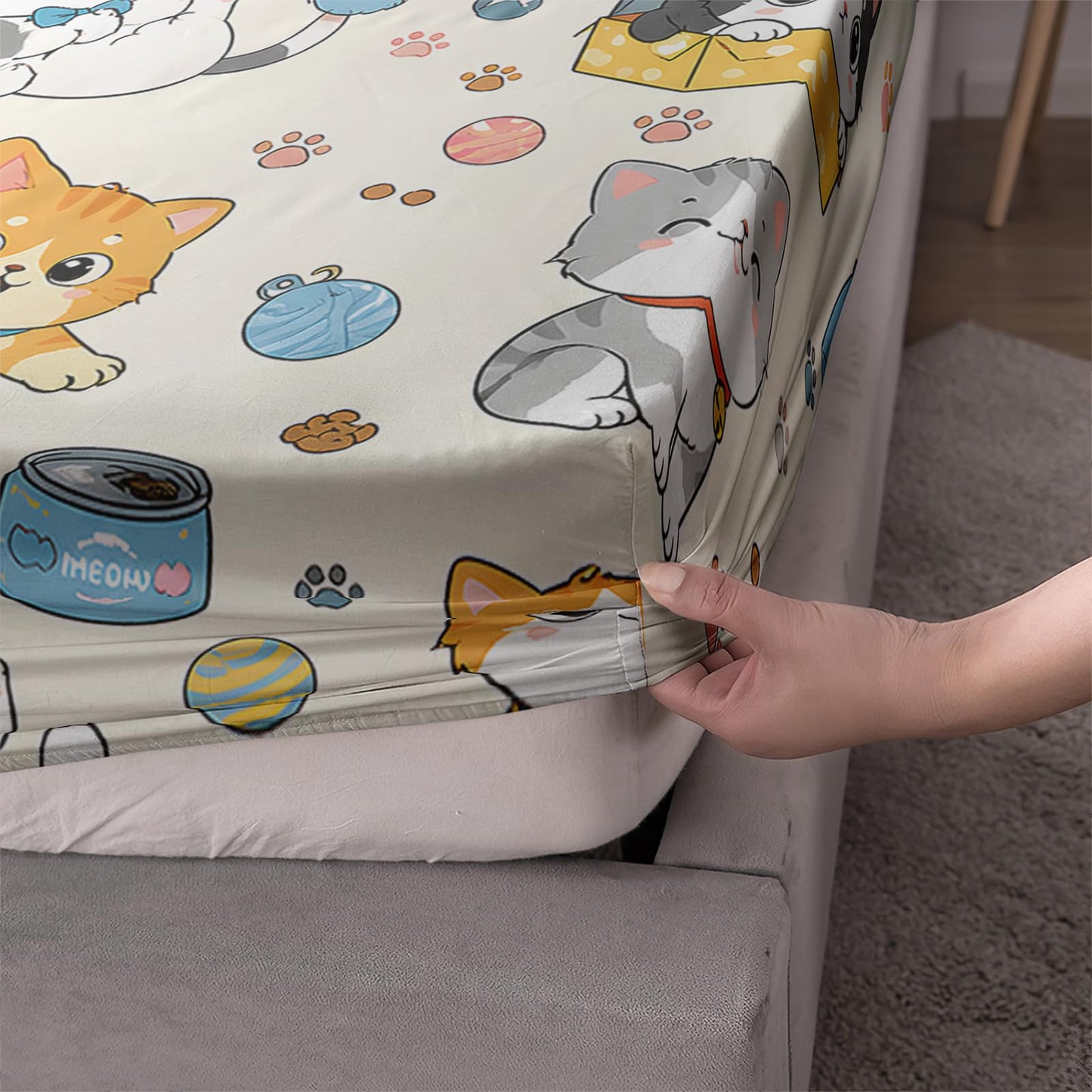 AILONEN Cute Cat Fitted Sheet Twin XL Size, Kitten Pet Animal Bedding, Cream Patterned Mattress Cover, Deep Pocket Microfiber 3 Piece Pillowcase Nursery Accessory Bottom Protector