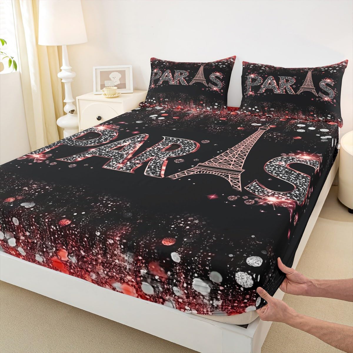 Manfei Eiffel Tower Bed Sheet Set Full Size 4pcs,Red Silvery Romantic Paris Bedding Set,Romantic Tower Flat Sheet + Fitted Sheet for Kids Girls Boys Teens Room Decor
