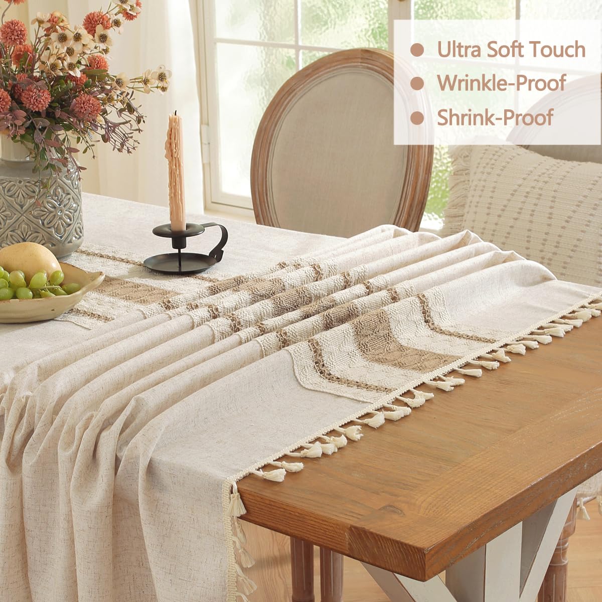 Colorigan Table Cloth, Cotton Linen Tablecloths Heavy Duty Wrinkle Free Table Cover with Tassels for Farmhouse Kitchen Dining Tables, Brown Lines,6-8 Seats