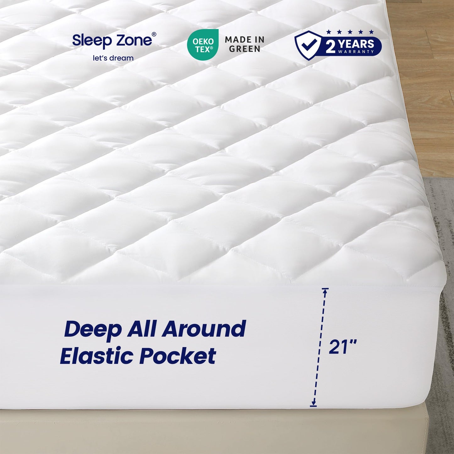 SLEEP ZONE Twin XL Mattress Pad, Breathable and Noiseless Mattress Cover, Quilted Fitted Mattress Protector with Deep Pocket, Machine Washable Mattress Topper (White, Twin XL)