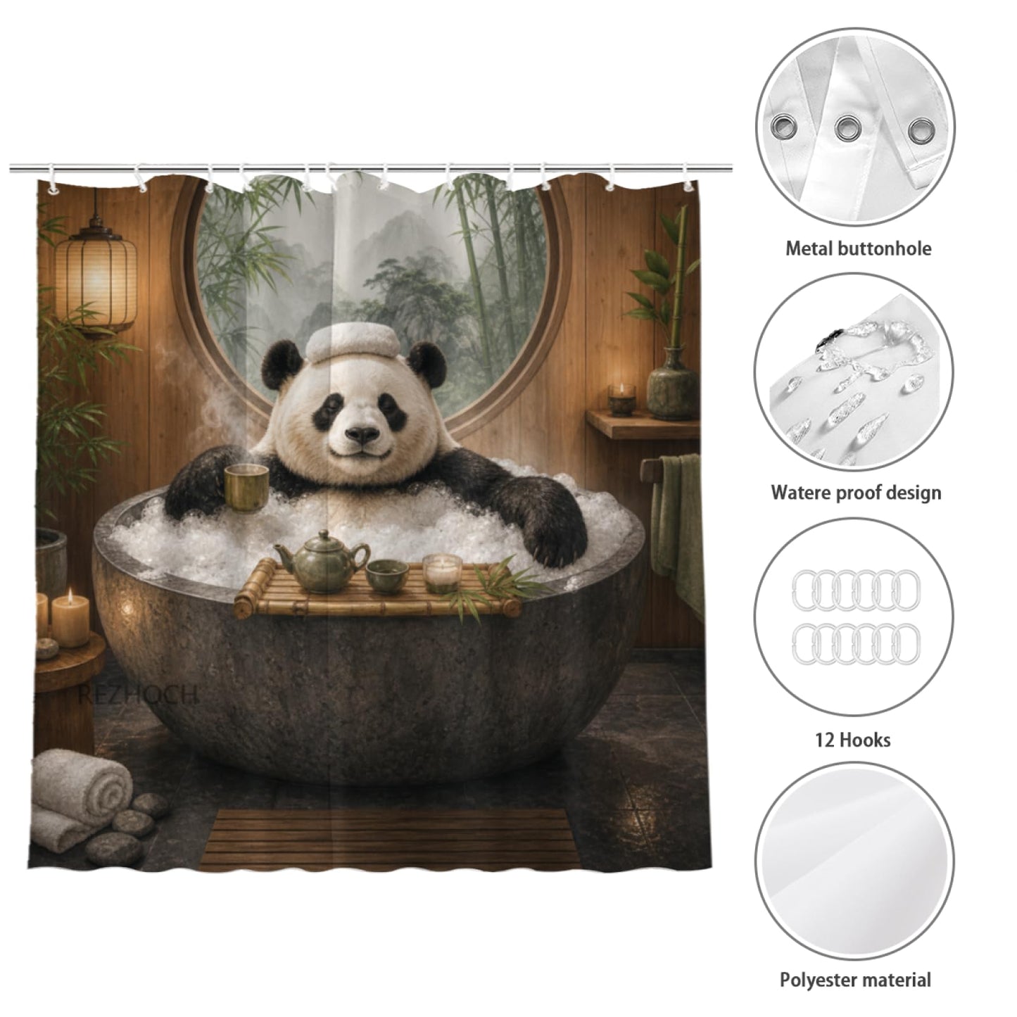 REZHOCH Funny Panda Shower Curtain 72x72 Inch Bamboo Spa Bubble Bath Teapot Candle Zen Bathroom Cute Animal Decor Bath Set with Hooks