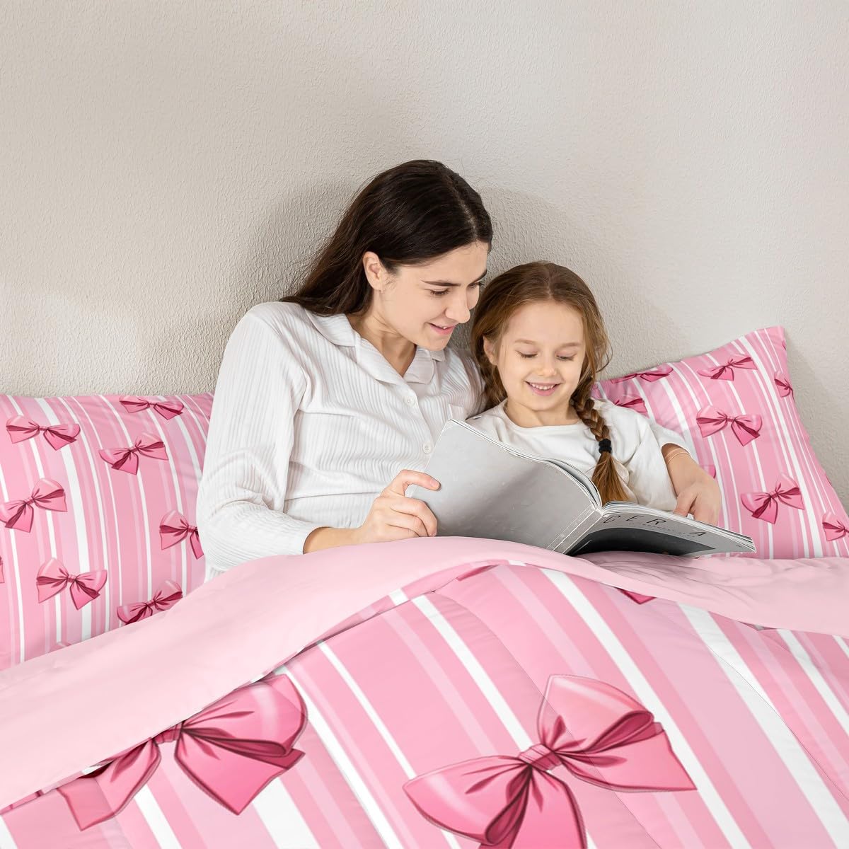 Erosebridal Pink Bowknot Bedding Set for Girls Bedroom, Dreamy Princess Full Size Comforter Set, Cute Bow Girly Down Comforter, Kawaii Stripes Quilt,Lightweight Bedroom Decor