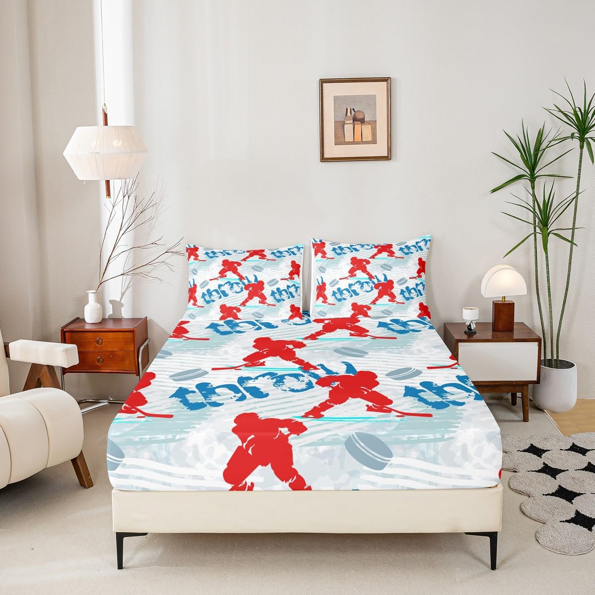 Ice Hockey Kids Sheet Full Size,Winter Event Ball Sport Game Bedding Set for Boys Adults,Athlete Silhouette Graffiti Red Blue Stylish Bed Sheet Set 4pcs(Fitted Sheet + Flat Sheet + 2 Pillowcases)