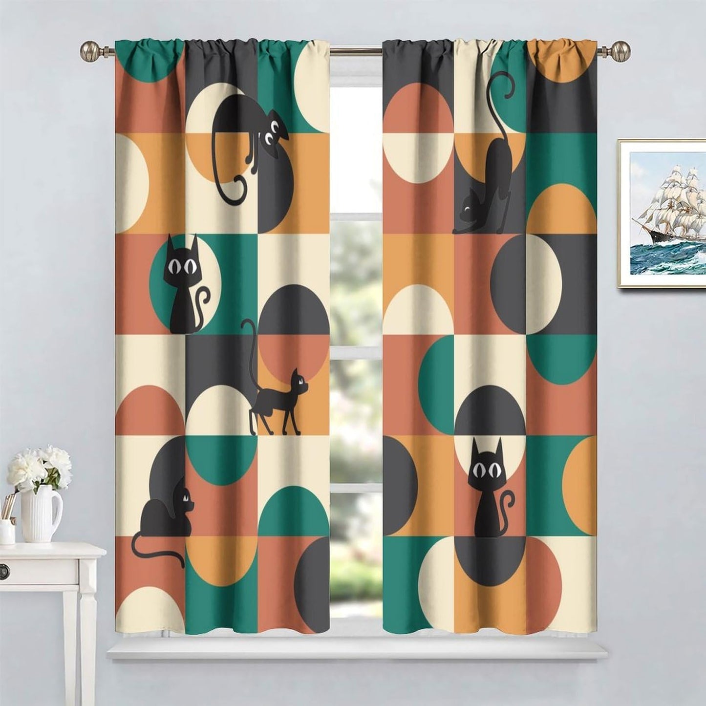 ICMOLYYENLO Mid Century Black Cat Curtains - Modern Abstract Geometric Pattern - Retro Living Room & Kitchen Decor - Blackout 42x45 Inches 2 Panels