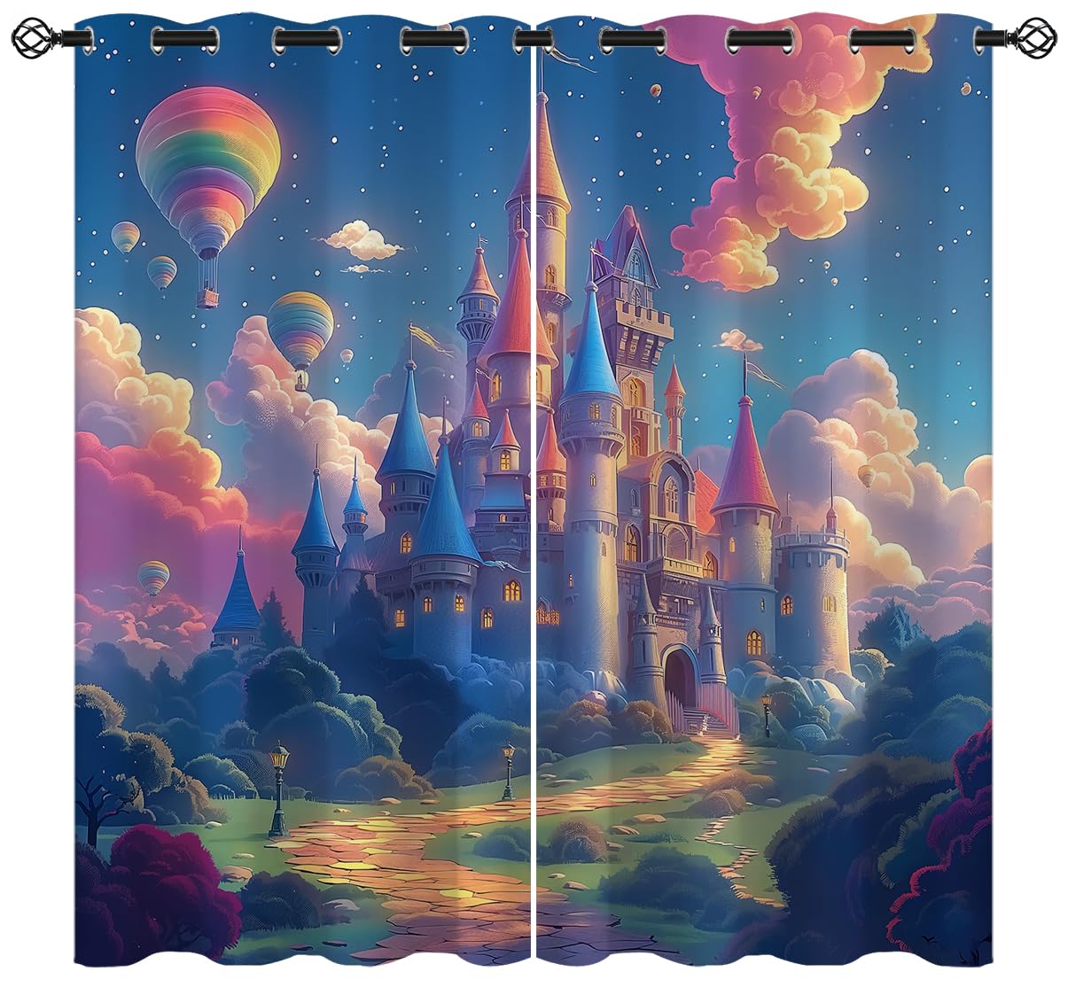Fairy Tale World Castle Blackout Curtains for Girls Boy Home Decor, Cartoon Magic Fairy Manor Grommet Thermal Insulated Drapes Darkening Window Curtain for Bedroom Living Room, 42 x 45 Inch