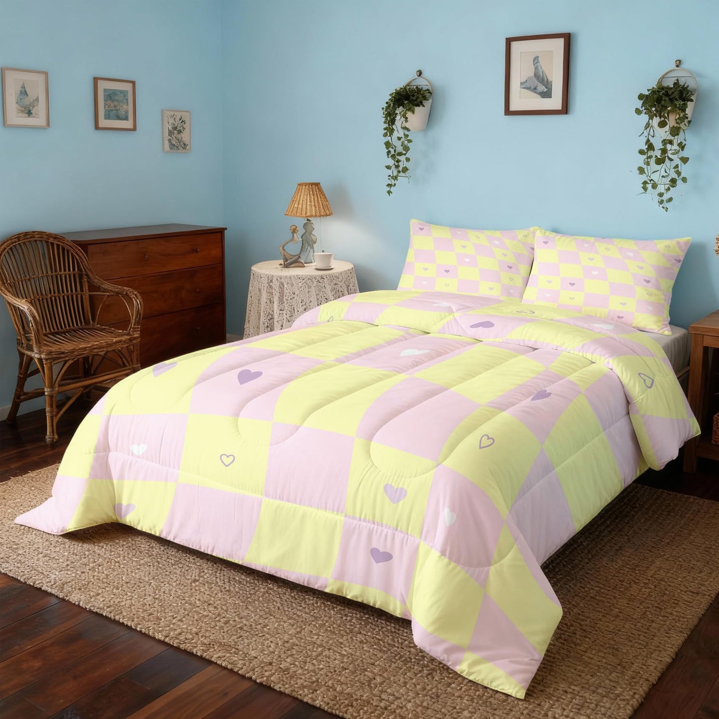 TANCAPRIUM Retro Geometric Comforter Set Twin - 70s Heart Bedding Set & 2 Pilow Cases for All Season - Soft Reversible Down Alternative 3 Piece. 70s Bedrom Decor