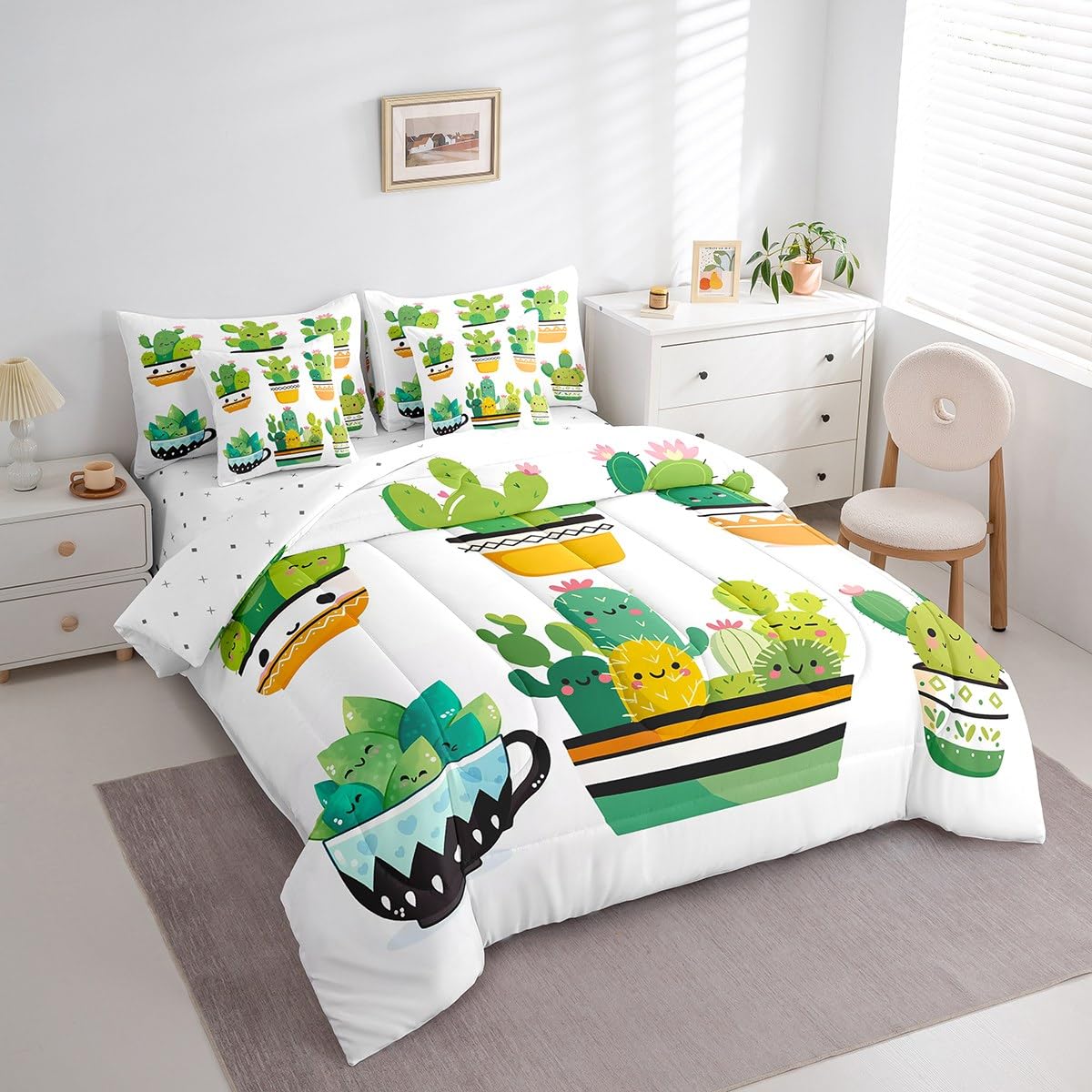 Erosebridal Tropical 7 Piece Comforter Set Full Bed in a Bag,Bulbous Cactus Bedding Sets Cute Desert Plants Botanical Comforter and Sheet Set,Floral Jungle Kawaii Room Decor