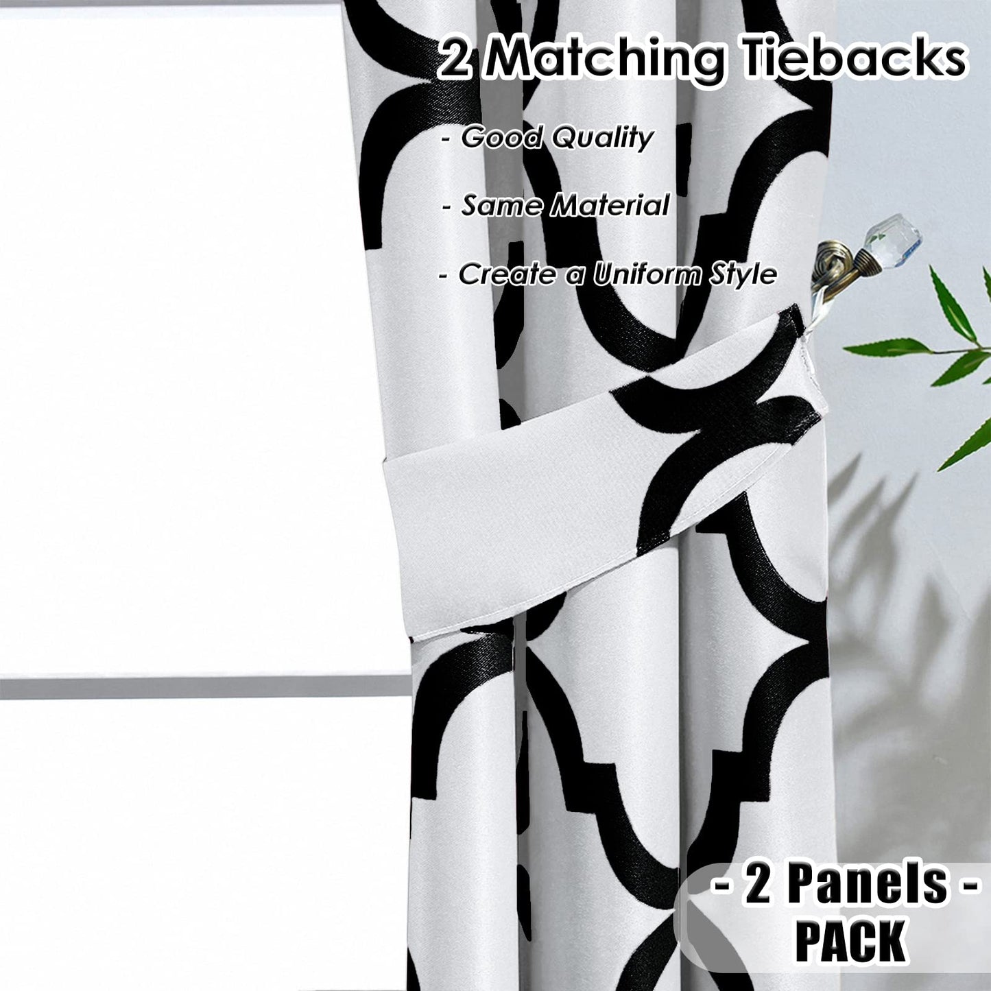 Melodieux Moroccan Printed Room Darkening Blackout Grommet Curtains for Bedroom Small Windows, 42 by 45 Inch, Off White/Black (2 Panels)