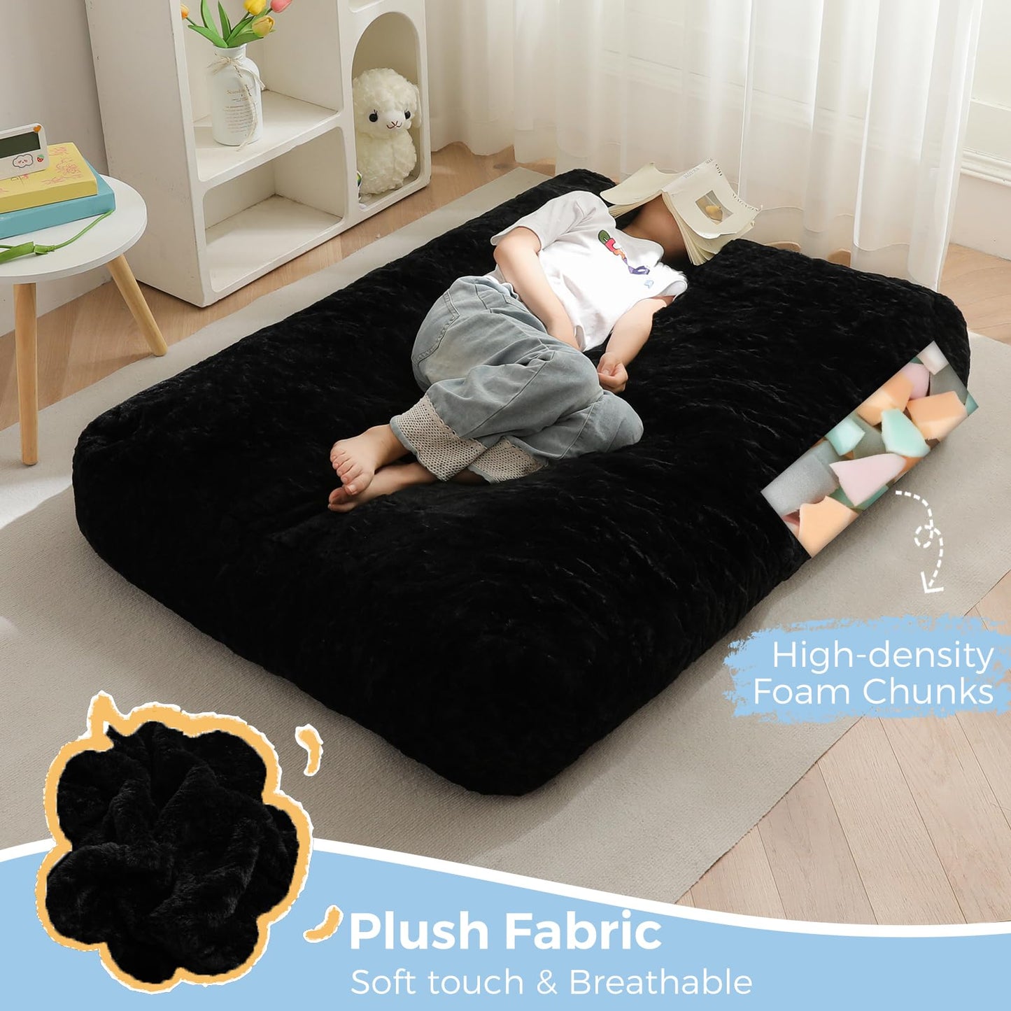 MAXYOYO Bean Bag Chair Bed for Kids, Convertible Bean Bag Folds from Lazy Chair to Floor Bed, Stuffed Floor Sofa Couch Sofa Bed for Boys and Girls, High-Density Foam Filling, Black
