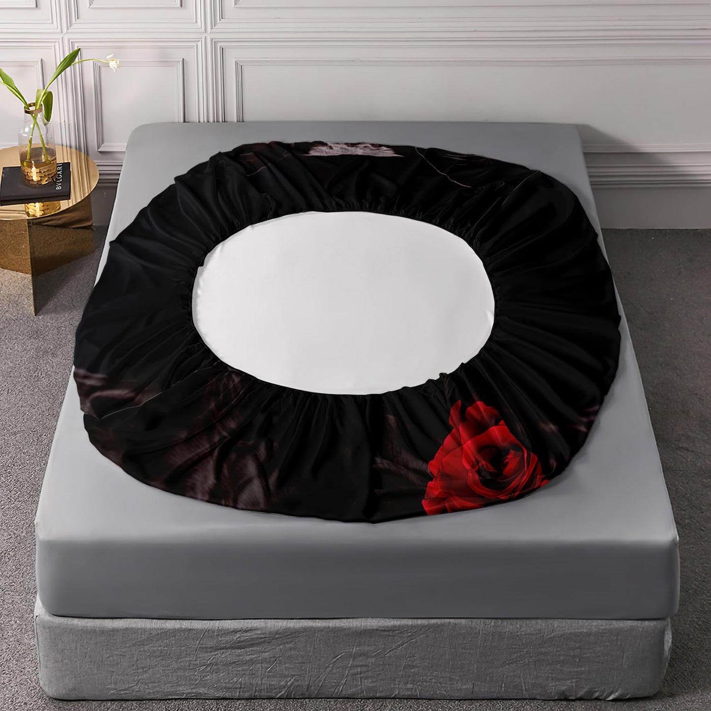 AILONEN 3D Black Panther Fitted Sheet Set Queen Size, Oil Red Rose Bedding Set for Girls Women Wedding Bedroom,Wild Animal Bedsheets Set,3 PCS, 1 Fitted Sheet 2 Pillowcases