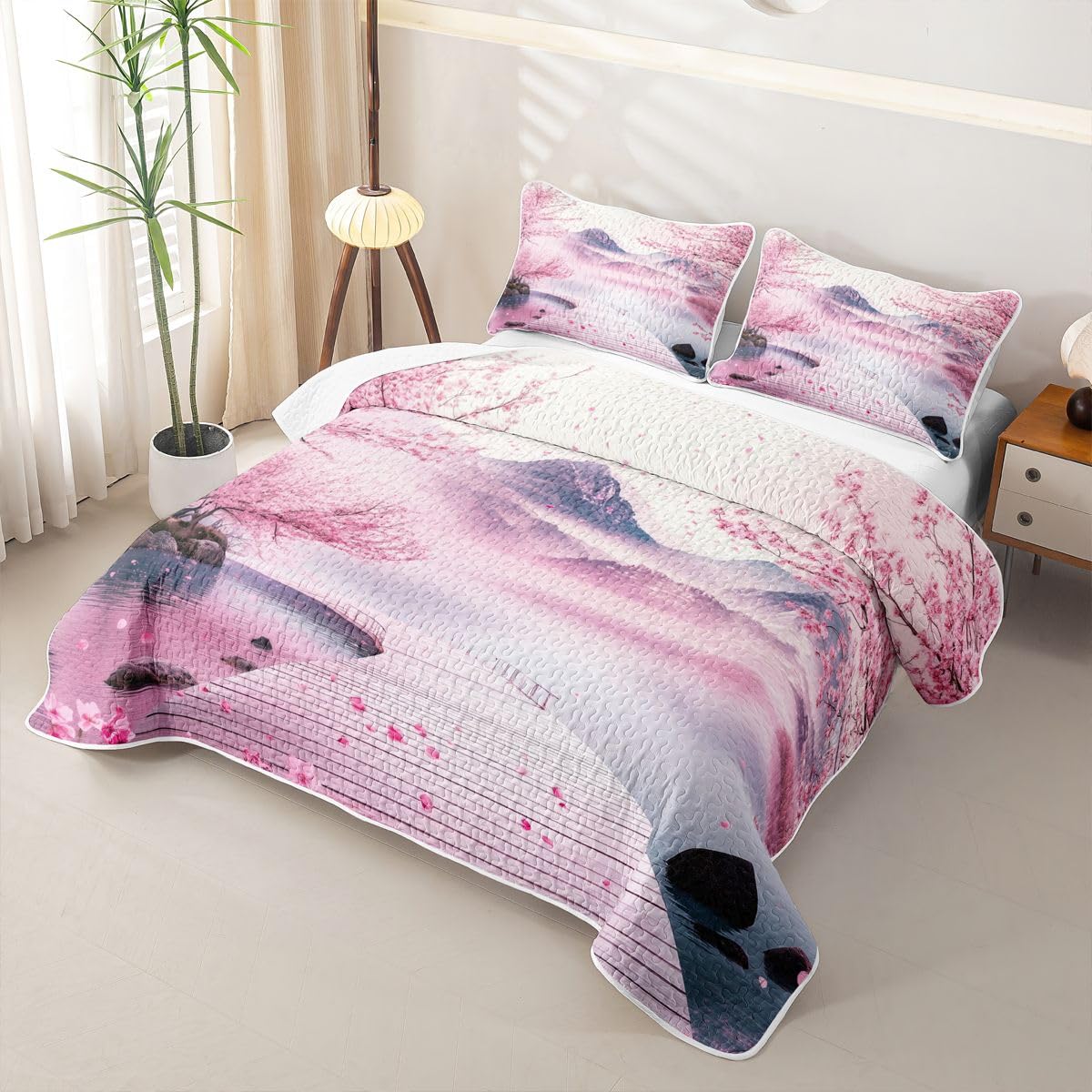 Erosebridal Pink Japanese Quilt Twin Size - Japanese Cherry Blossom Bedspread Watercolor Ink Painting Bed Coverlet with 1 Pillowcase