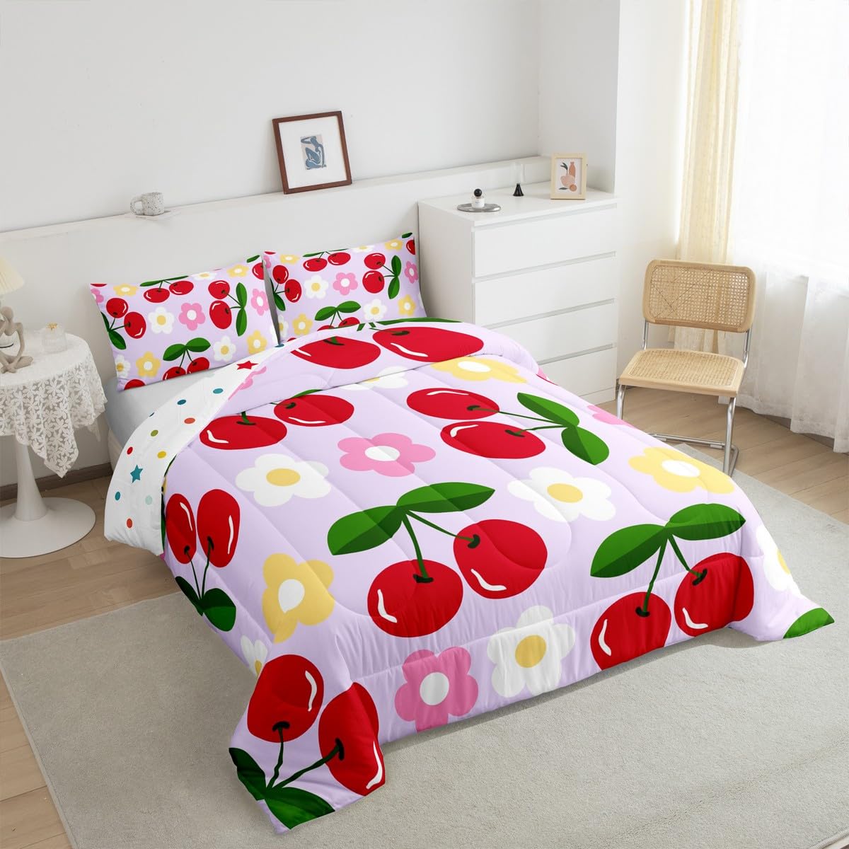Red Cherry Kids Comforter Set Twin Size,Cartoon Flowers Tropical Fruits Rustic Bedding Set,Girls Princess Room Decor,Modern Fashion Coqueta Down Comforter,Purple Bright Duvet Insert,1 Pillowcase