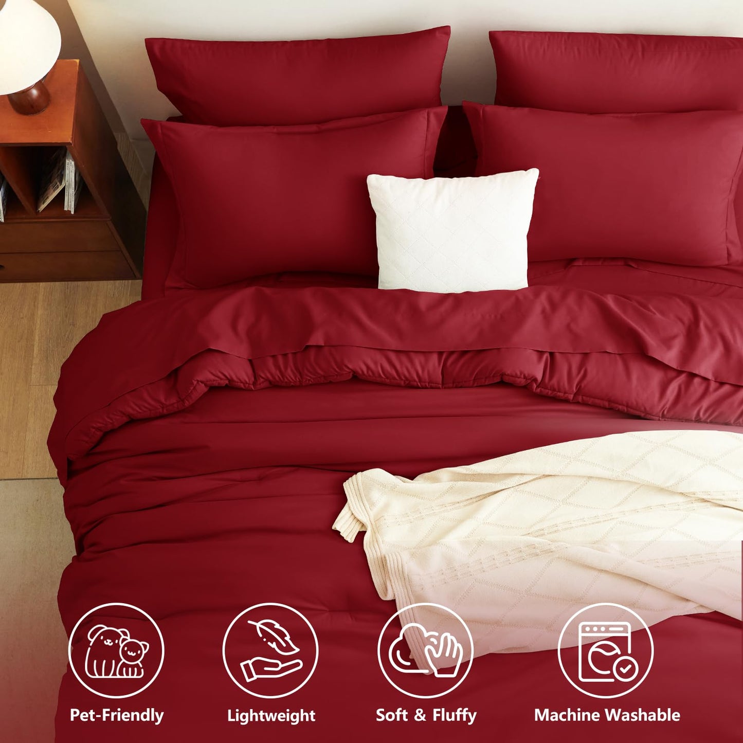 CozyLux Queen Comforter Set Dark Red, 7 Pieces Bed in a Bag Queen Comforter Set with Sheets, Luxury Soft Bedding Sets with Down Alternative Comforter, Fitted Sheet, Flat Sheet, Pillowcases & Shams