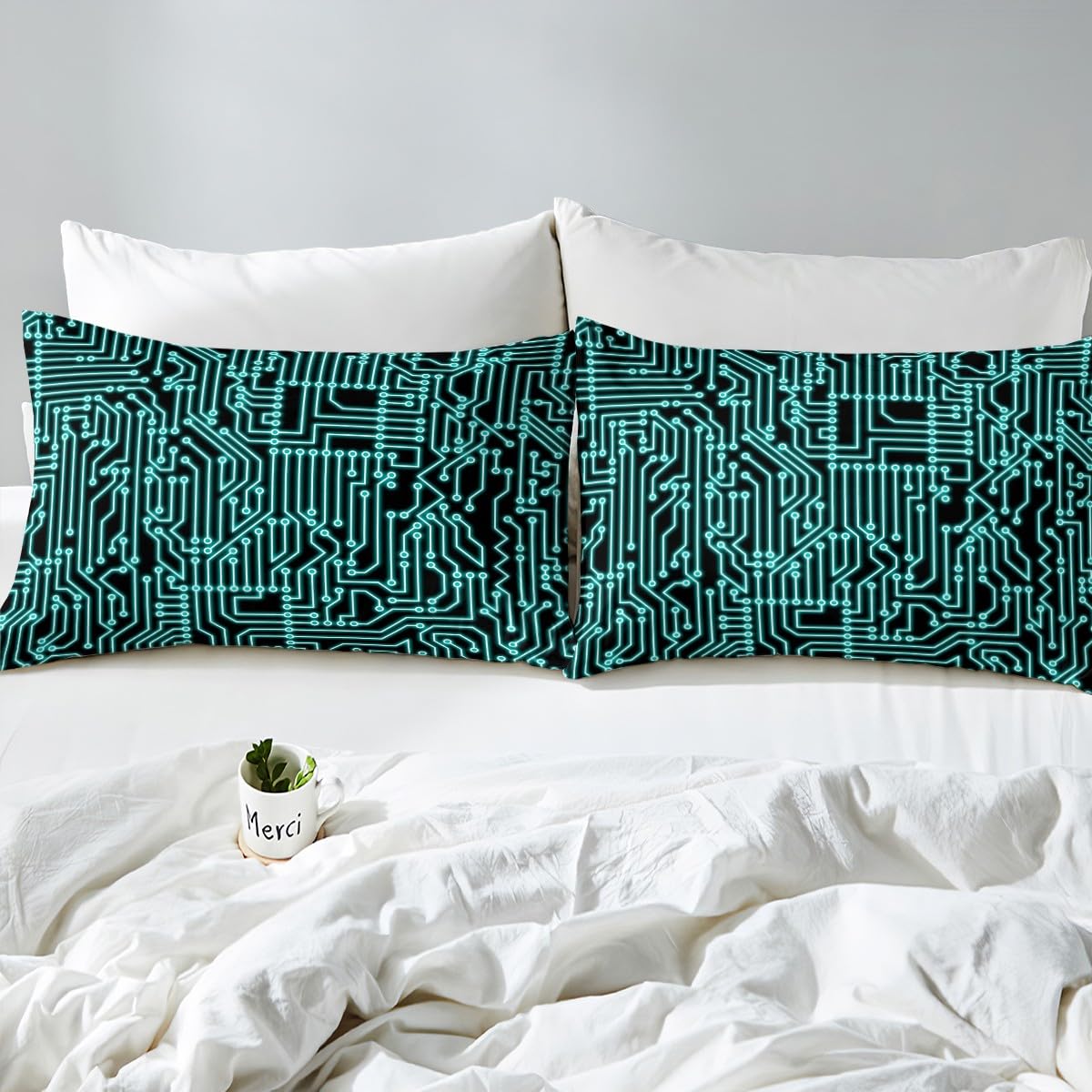 Erosebridal Circuit Board Fitted Sheet Queen Size, Science and Technology Bed Sheets for Kids Boys Teens Adult Bedroom, Print Chips Teal Bedding Set Stripe Sheets