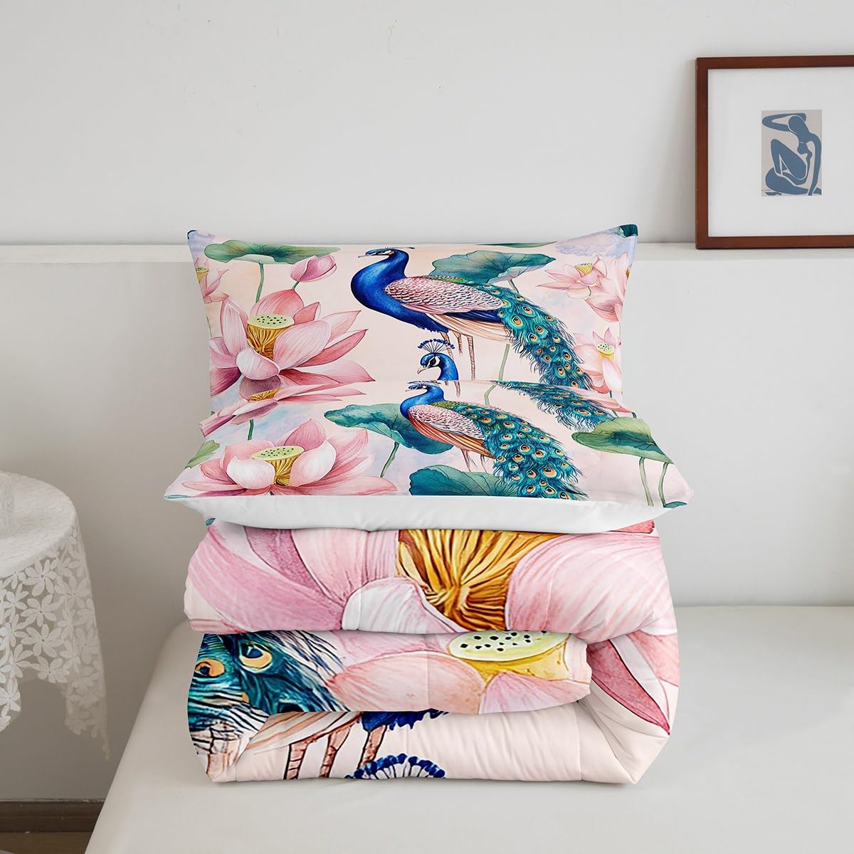 jejeloiu Peacock Bedding Set Full Size Kids Lotus Flower Comforter for Boys Girls Royal Peacock Bird Comforter Set Green Duvet Set Room Decorations Quilt Set